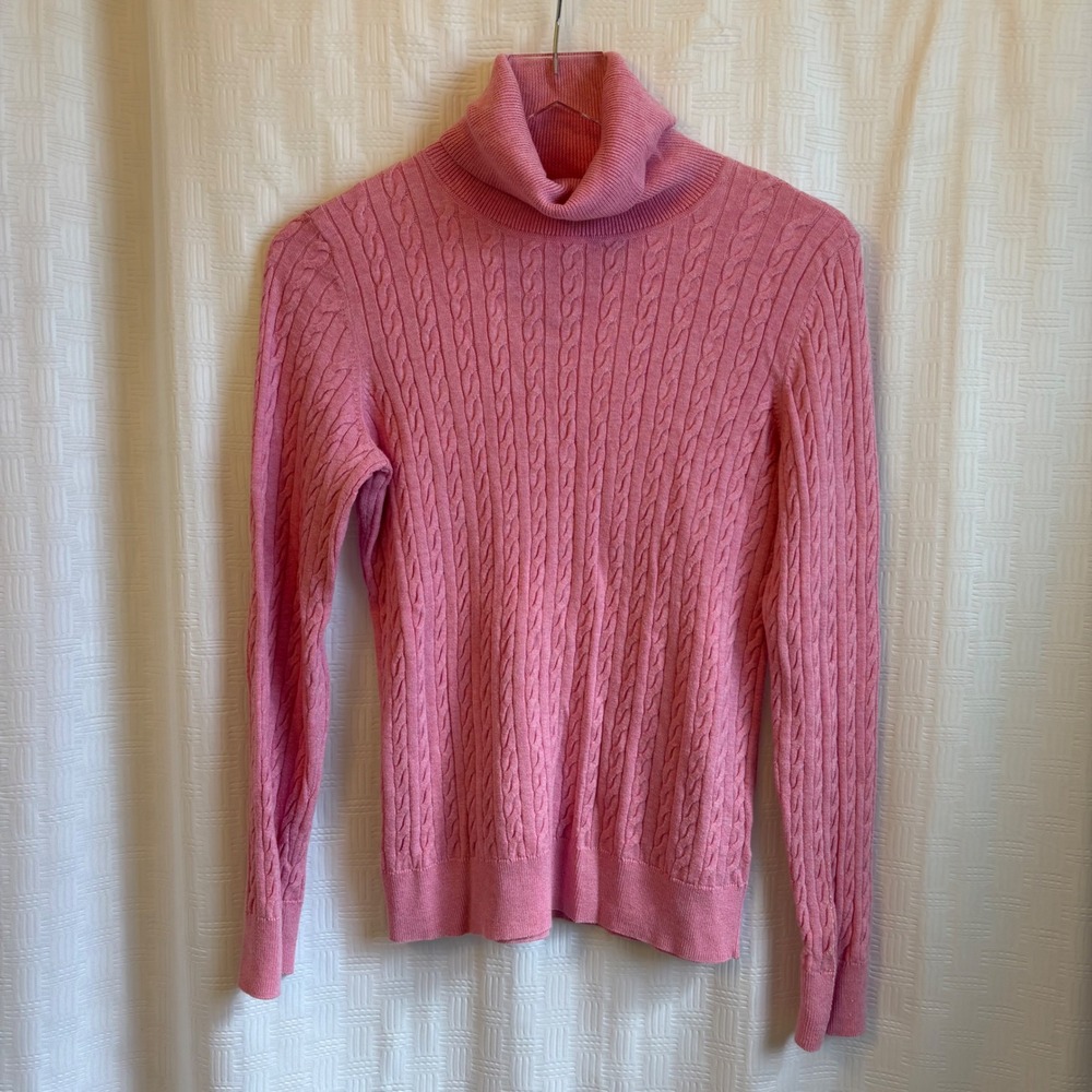 Talbots Pink Cable Knit Turtleneck Sweater Womens Small 100% Cotton Pullover